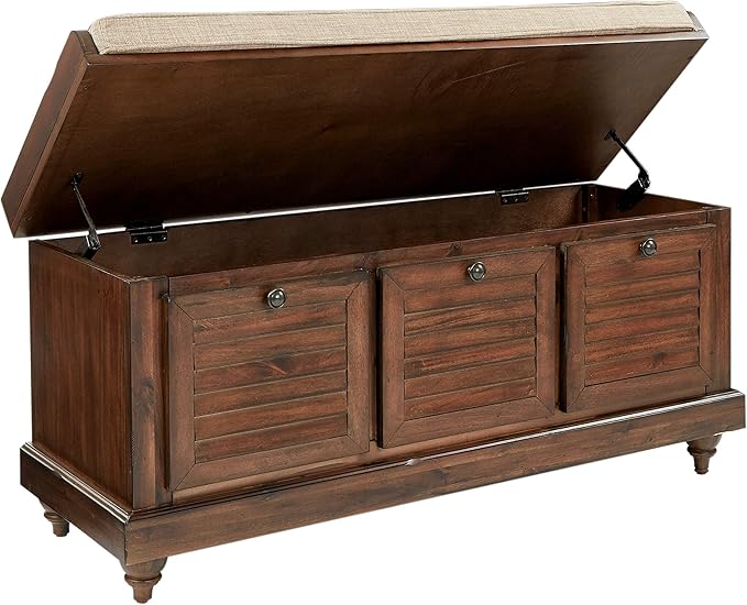 OSP Home Furnishings Dover Coastal Lift-Top Storage Bench with Shutter Face Styling, Distressed Brown Finish with Beige Linen Fabric Cushion