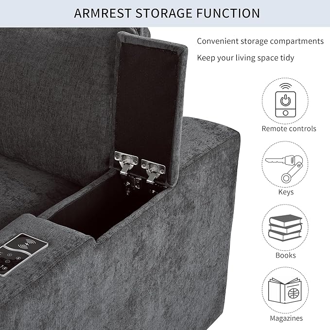 133.9 Inch Modular Convertible Sectional Sofa with Storage, USB Ports, Wireless Charging & Built-in Speaker in Arm, L-Shaped Upholstered Sleeper Couch for Living Room Office, Gray