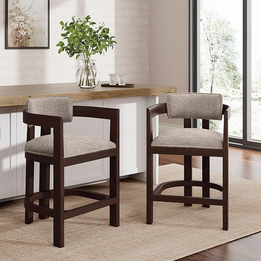 Christopher Knight Home Set of 2 Ryland Modern 26" Counter Height Bar Stools, Fabric Upholstered Counter Stools,Wooden Kitchen Island Armchair with Footrest, Round Backrest, Soft Seating, Espresso