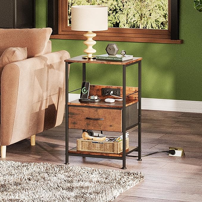 WLIVE Night Stand with Charger Station, LED Nightstand with Adjustable Fabric Drawer, 3-Tier Storage Bedside Table, Small End Side Tables for Bedroom, Rustic Brown