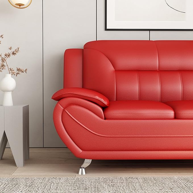 Container Furniture Direct Michael Modern Faux Leather Upholstered Stainless Steel Legs Living Room Sofa, Loveseat, Persian Red