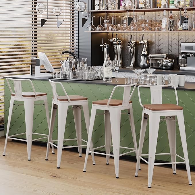 Yongchuang 26 inch Bar Stools Set of 2 Kitchen Counter Height Chairs with Wood Seat Industrial Low Back Metal Barstools Cream White