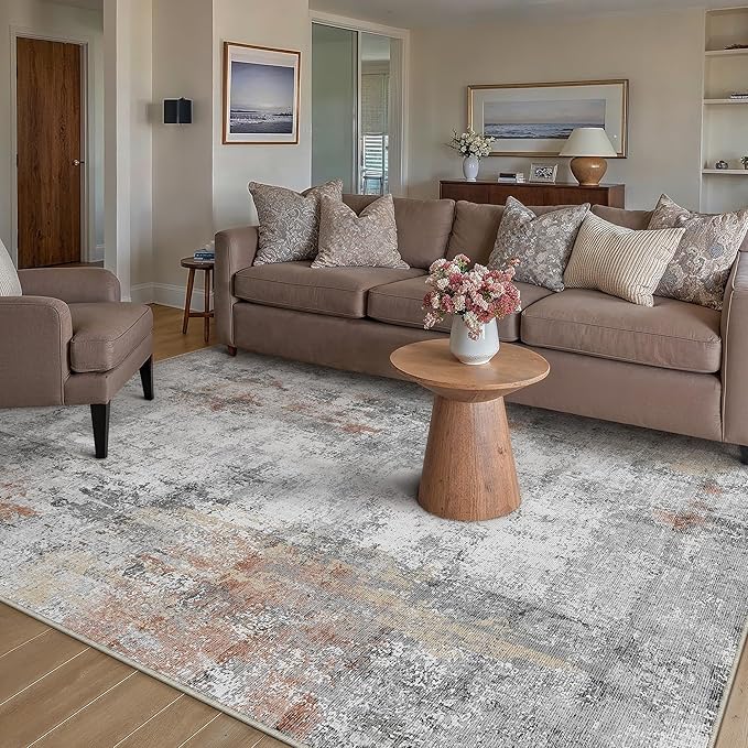 5x7 Washable Area Rug Grey Rust Modern Neutral Abstract Living Room Bedroom Indoor Floor Carpet Low Pile Soft Non-Slip Lightweight Vacuumable Throw Rug for Kitchen Dining Room