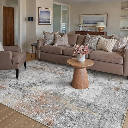 5x7 Washable Area Rug Grey Rust Modern Neutral Abstract Living Room Bedroom Indoor Floor Carpet Low Pile Soft Non-Slip Lightweight Vacuumable Throw Rug for Kitchen Dining Room