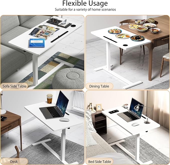 Home Office Desks Height Adjustable with 360° Moveable Hidden Wheels,Multifunctional Pneumatic Laptop Desk Suitable for Sofa、Bedside、Study and Work Use,White