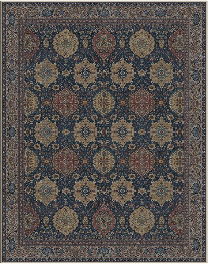 8X10 Area Rugs Machine Washable Rugs for Living Room, Vintage Boho Large Rugs for Bedroom Dining Room, Non Slip Indoor Soft Distressed Lightweight Thin Low Pile Carpet, Navy Tan