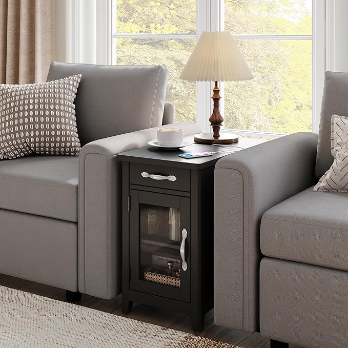 LINSY HOME End Table with Charging Station, Side Table for Bedroom with Drawer and Detachable Holder, Storage Shelf with Glass Door, Extra Storage & Display Space, Small Nightstand for Living Room