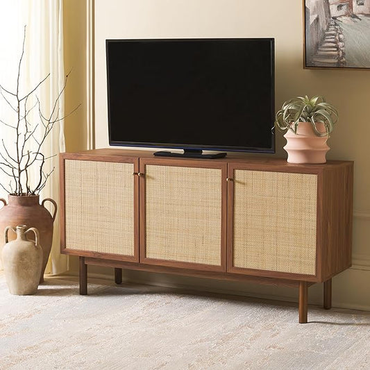 SAFAVIEH Aino TV Stand for up to 60" Flatscreen – Walnut Brown with Rattan Mesh, 3 Doors with Interior Storage, Sideboard Cabinet, Entertainment Media Console (MED9618A)