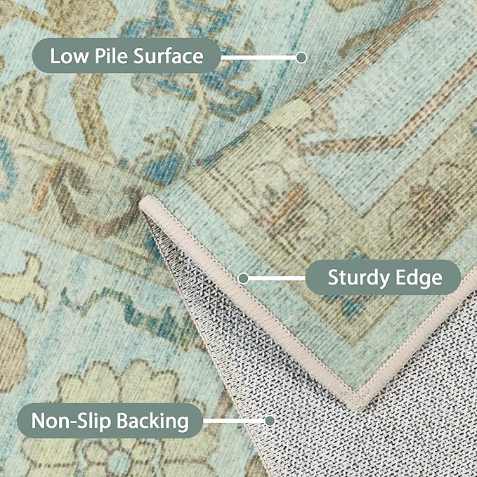 8X10 Area Rugs Machine Washable Runner Rugs for Living Room Bedroom Hallway, Non Slip Indoor Soft Accent Distressed Boho Vintage Print Lightweight Thin Low Pile Carpet, Misty Blue