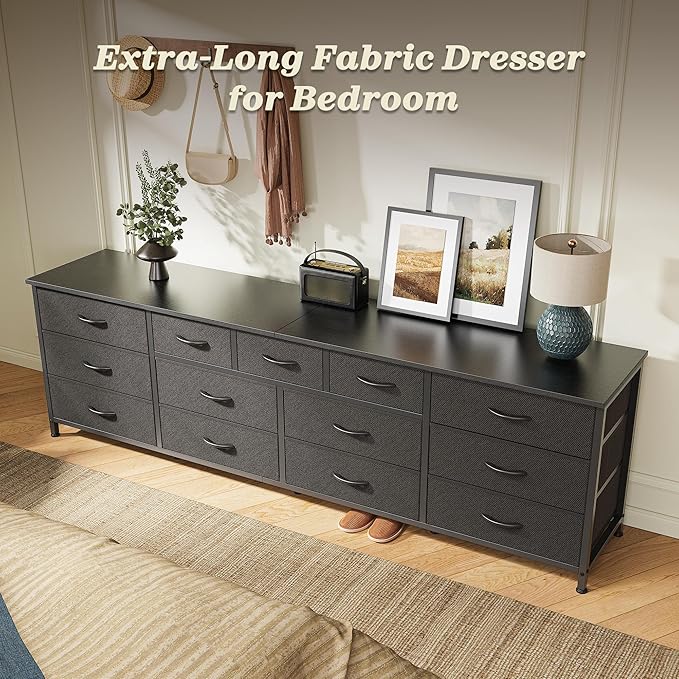 Huuger 70 Inch Black Dresser for Bedroom, TV Stand for 65, 75, 80 Inch TV, 13 Fabric Drawer Long Dresser, Wide Chest of Drawer, Storage Units for Bedroom