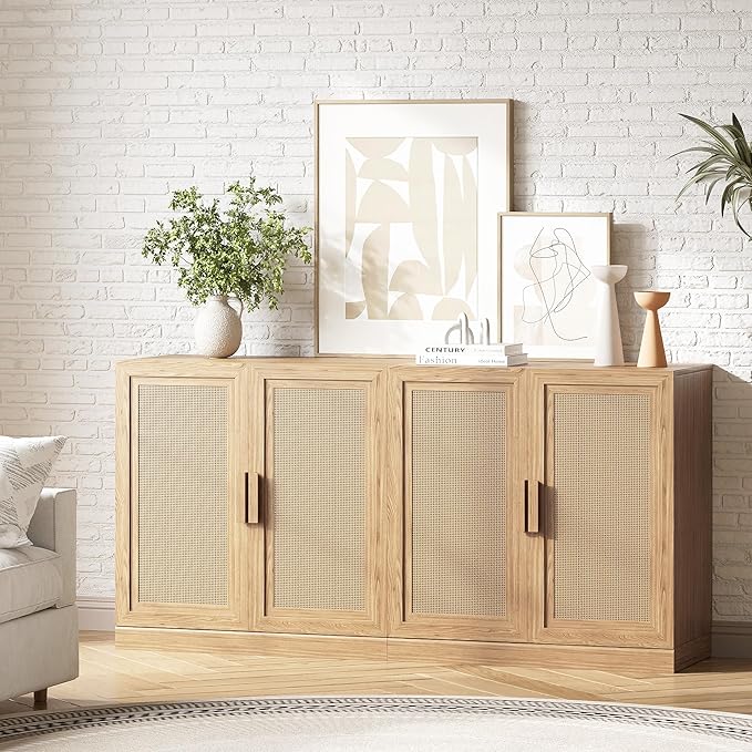 Buffet Cabinet, 4-Doors Sideboard Cabinet with Rattan Panels, Buffet Console Accent Table for Hallway Entryway Dining Room, 62", Oak