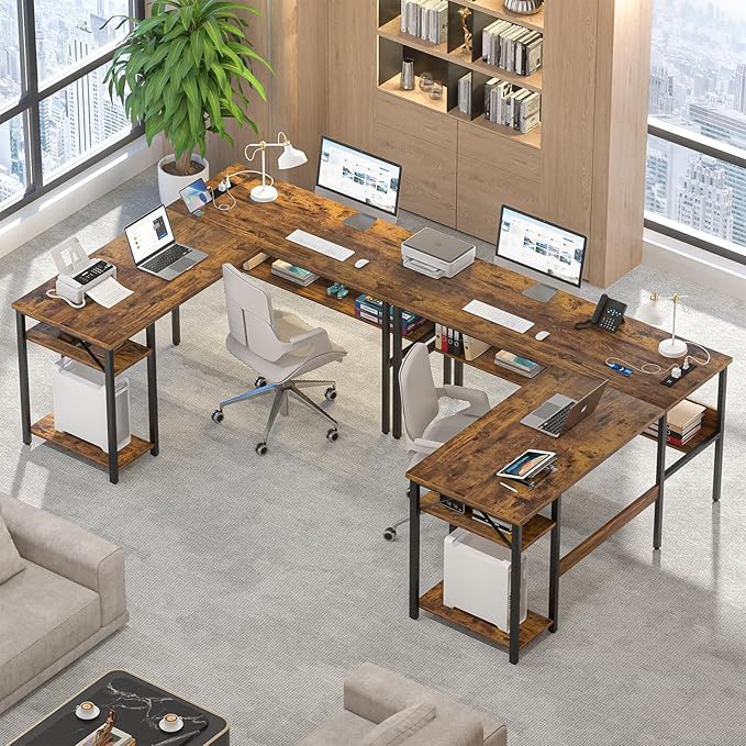 Reversible L Shaped Computer Desk with Power Outlets and USB Charging Ports, Sturdy Corner Desks with Storage Shelf, Modern Work Gaming Table for Home Office, Easy to Assemble, Rustic Brown