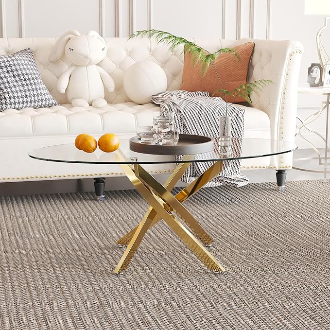 Glass Coffee Table with Chromed Legs, Oval Modern Living Room Center Table for Home Office Living Room (Gold)