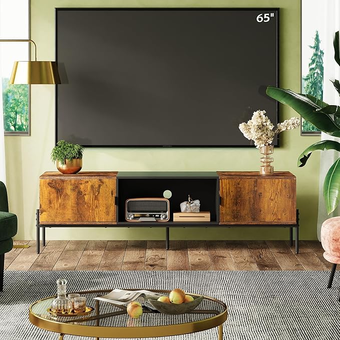 WLIVE Modern TV Stand for 65 Inch TV, Mid Century Entainment Center with Storage, TV Console with Open Shelf and 2 Cabinets for Bedroom and Living Room, TV Cabinet with Metal Legs, Rustic Brown
