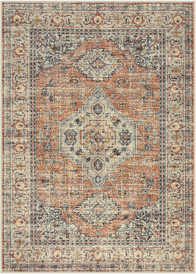Lahome Oriental Washable Rug, 3x5 Rugs for Bedroom Living Room Entryway, Vintage Ultra-Thin Non-Slip Soft Throw Carpet for Kitchen Office Entrance, Peach/Orange