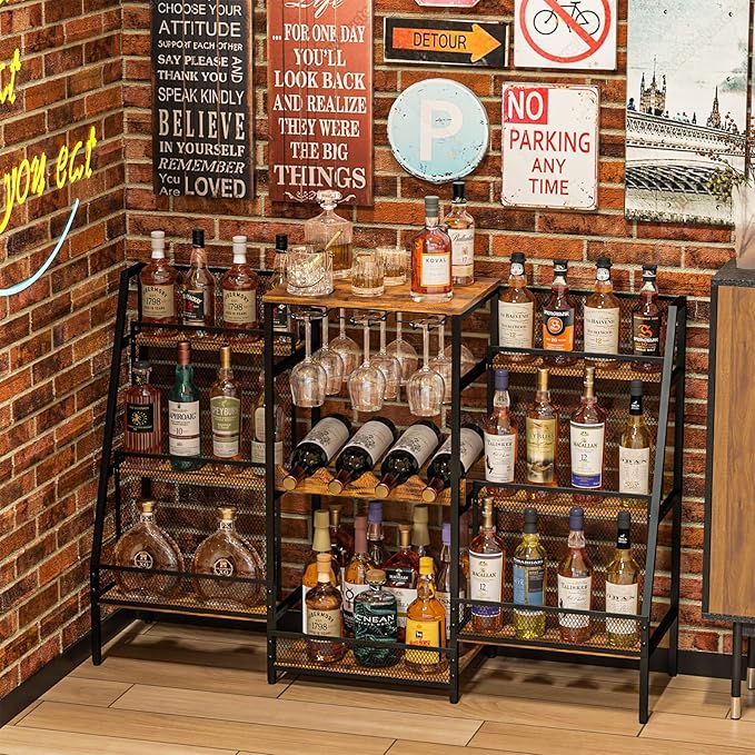 Versatile Bar Stand with Glass Holder, Wine Rack Freestanding Floor, Liquor Cabinet for Liquor Whiskey Wine, 6-Tier Stepped Bar Cabinet with Fences, Vintage Brown（Patent Pending）