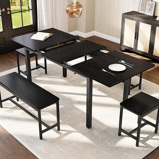 GarveeHome 5-Piece Dining Table Set for 4-8 People, 63" Large Extendable Kitchen Table Set with 2 Benches and 2 Square Stools, Modern Dining Room Furniture Sets, Easy Assembly, Black