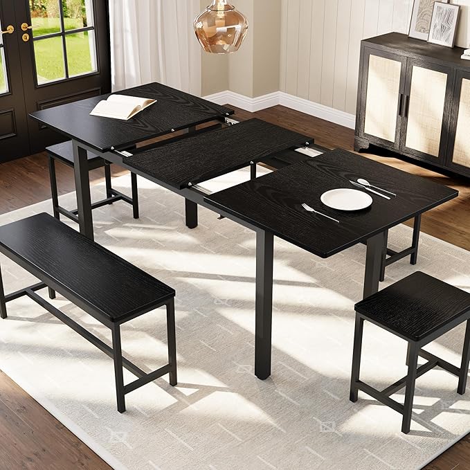 Garvee 5 PCs Extendable Dining Table Set for 4-8 People, 63 Inch Kitchen Table with 2 Benches & 2 Stools, Modern Dining Room Furniture, Easy Assembly Metal Frame