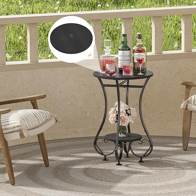 Side Table,Small Round End Table for Small Spaces - Round Bedside Nightstand Table with Metal Frame,Couch Sofa Coffee Table,Retro Accent Table for Living Room Bedroom Balcony,Black,Upgraded Version