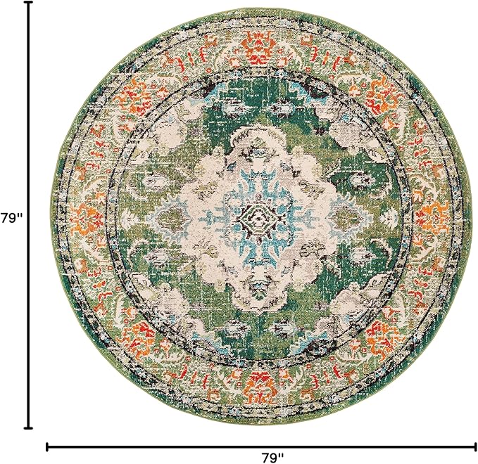 SAFAVIEH Monaco Collection Area Rug - 6'7" Round, Forest Green & Light Blue, Medallion Distressed Design, Non-Shedding & Easy Care, Ideal for High Traffic Areas in Living Room, Bedroom (MNC243F)