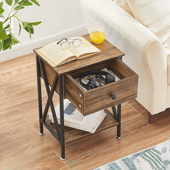 VECELO Nightstands Set of 2, Modern Bedside End Tables, Night Stands with Drawer and Storage Shelf for Living Room Bedroom, Industrial Metal Frame