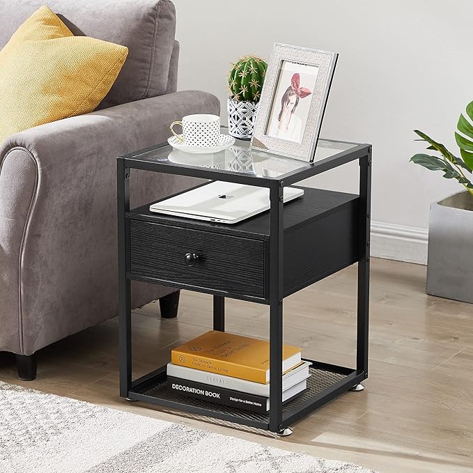 VECELO End Table, Modern Nightstand with Drawer, Night Stand Set of 2 for Bedroom Living Room,Tempered Glass
