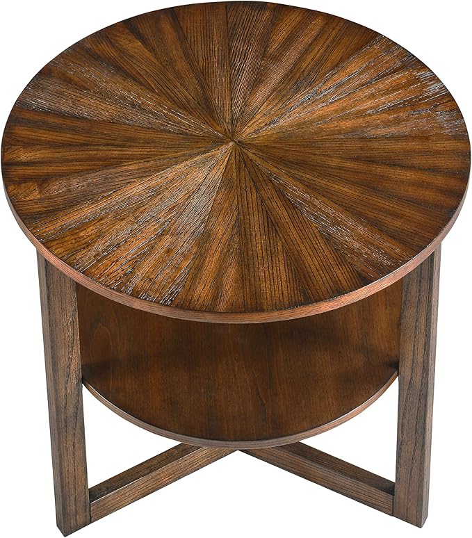 Large Round End Table with Storage Shelf, 25.2" Dia Rustic Beside Tables with Umbrella Top, Traditional Circular Sofa Side Table-,Telephone Table for Living Room Easy Assembly, Vintage Brown CJZ3338NC