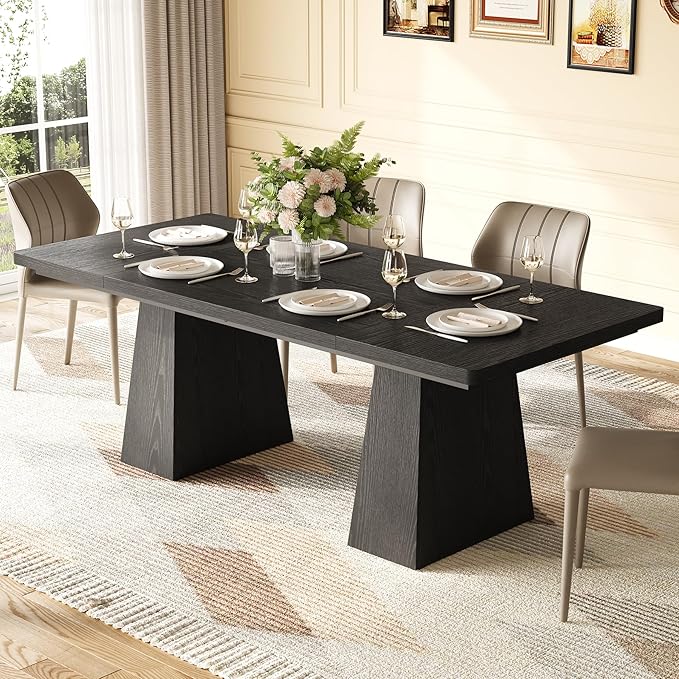 LITTLE TREE Dining Table for 6 People, Wooden Table, Rectangle Furniture with Heavy Duty Legs, Modern Kitchen Table for Home, Dining Room, Black