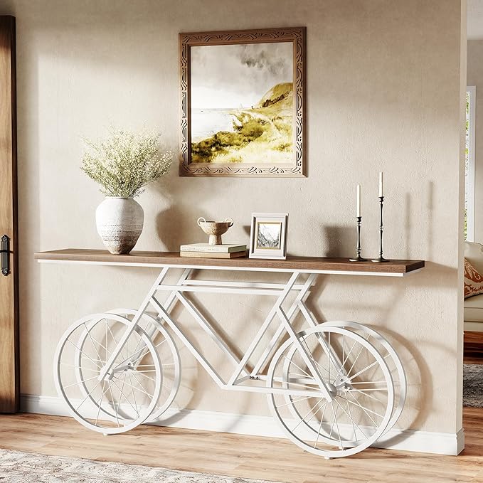 LITTLE TREE Narrow Sofa Table, 70.9-Inch Extra Long Console Table for Living Room, Entryway, with Unique Bicycle Metal Base. White and Brown