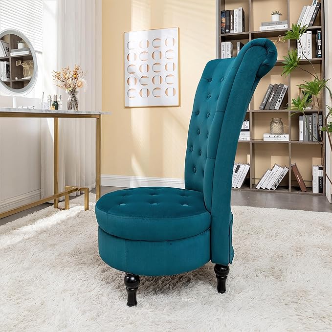 Container Furniture Royal High-Back Velvet Accent Chair for Vanity with Storage and Luxurious Upholstery, Retro Design and Versatile Usage for Livingroom, Bedroom, Lounge and Office, Greenish Blue