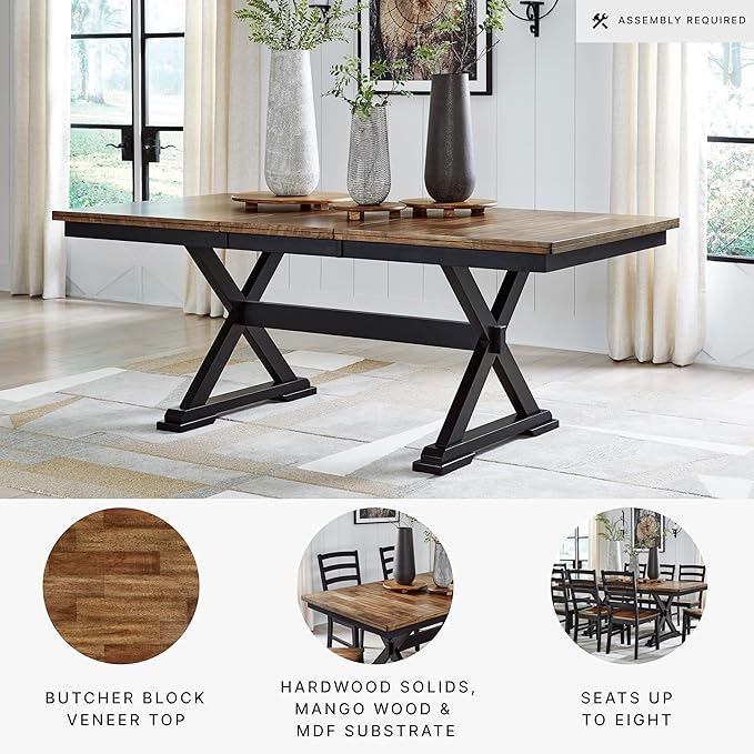 Signature Design by Ashley Wildenauer Farmhouse Dining Extension Table with Self-Storing Butterfly Leaf for 6-8 People, Black & Dark Brown