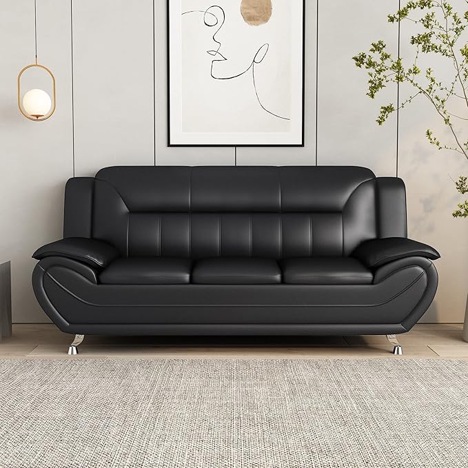 Container Furniture Direct Michael Modern Faux Leather Upholstered Stainless Steel Legs Living Room, Chair, Loveseat, Sofa, Soft Beige/Black