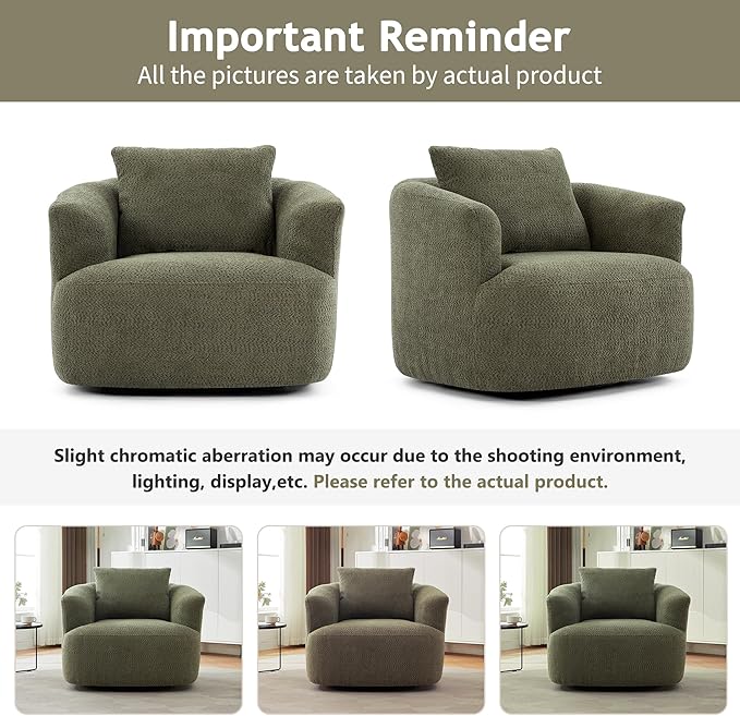 Merax Modern Cozy Chenille 360° Swivel Sofa Chair w/a Throw Pillow, 38.2" Upholstered Leisure Barrel Accent Armchair with Deep Seating for Living Room Bedroom,Office, Hotel, Easy Assemble, Green