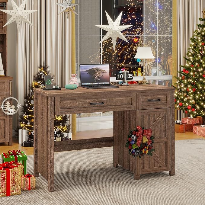 Farmhouse 47" Executive Desk, Computer Desk with Drawers and Storage Cabinet, Workstation Computer Desk for Home Office, Study.Red-Brown