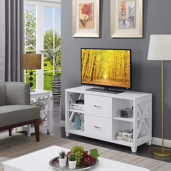 Convenience Concepts Oxford Deluxe 2 Drawer TV Stand with Shelves for TVs up to 55 Inches, White