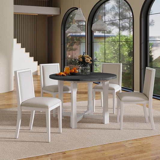 Ball & Cast 5 Pieces Dining Table Set with 4 Upholstered Chairs,Farmhouse Wooden Living Room Furniture for 4 W/ 57.7" Extendable Dining Table,for Dining Room,Bistro,Apartment,Grey+White
