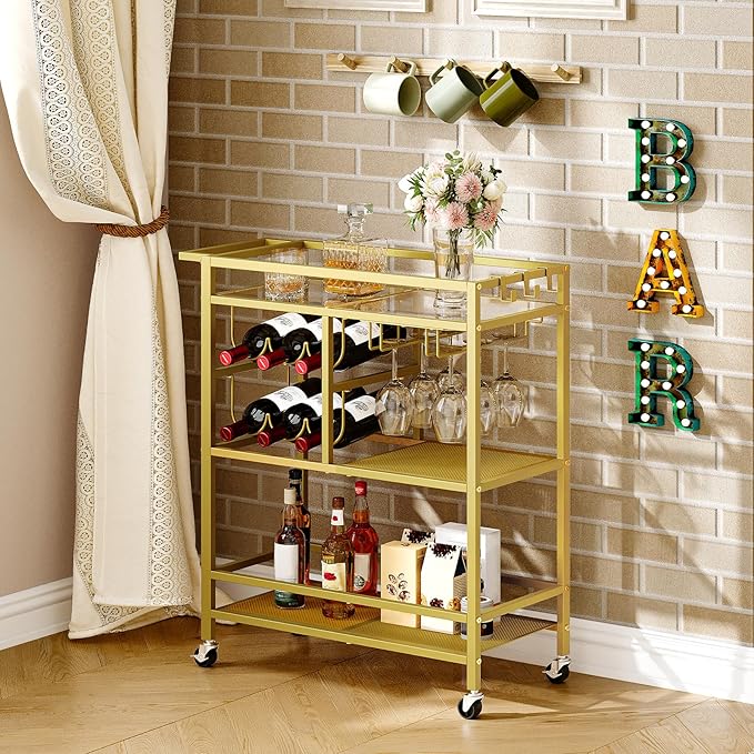 Bar Cart for Home, 3-Tier Serving Cart with Wheels and Handle, Beverage Cart with Wine Rack and Glass Holders, Rolling Wine Cart for Kitchen, Dining Room, Gold RCJ61B01