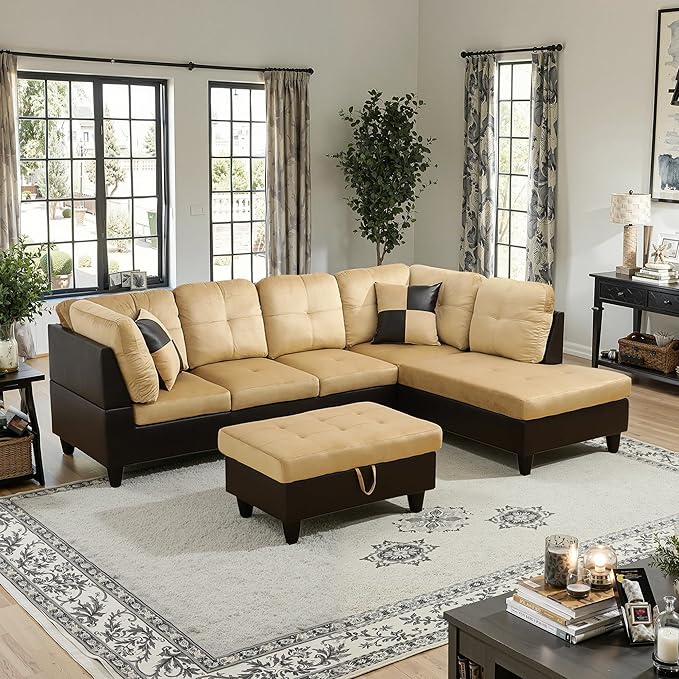 NicBex Sectional Couch 3 Pieces Sofa Set with Left Chaise Lint PVC L Shaped Cloud Couch for Living Room Furniture Sets with Storage Ottoman, Modular Sofa for Living Room & Apartment, Beige+Black