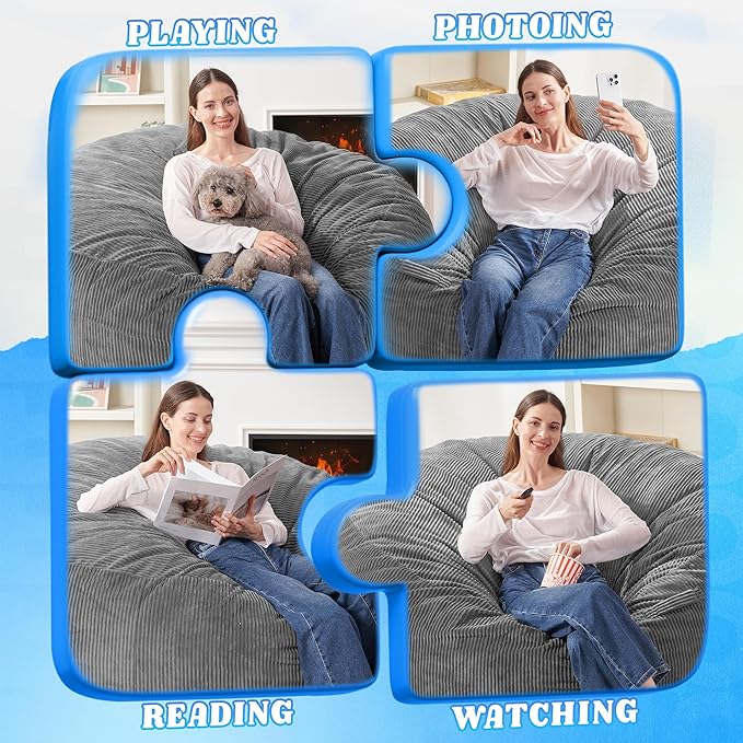 HABUTWAY 5FT Bean Bag Chair,Giant Bean Bag Chairs for Adults,Big Bean Bags with Memory Foam Filled, Large Beanbag Chairs with Soft Corduroy Cover-Grey