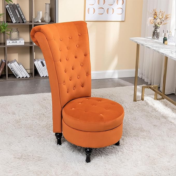 Container Furniture Direct Royal High-Back Velvet Accent Chair for Vanity with Storage and Luxurious Upholstery, Retro Design and Versatile Usage for Livingroom, Bedroom, Lounge and Office, Red Orange
