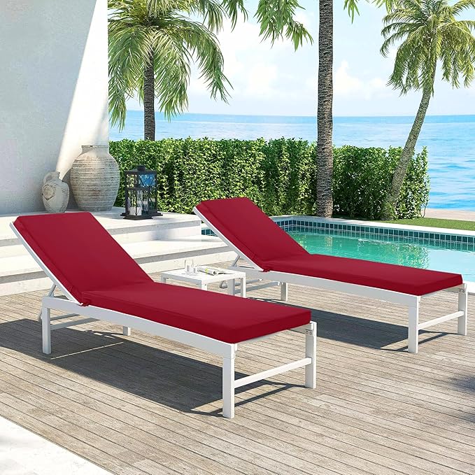 Chaise Lounge Cushions Outdoor Set of 4 - Waterproof and Fade Resistant Sun Lounger Replacement Cushions - Patio Lounger Pads with Removable Cover for Pool, Deck, Lawn, 72 x 21 x 3 Inch, Red