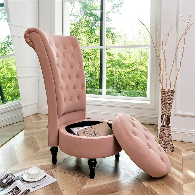 Container Furniture Direct Royal High-Back Velvet Accent Chair for Vanity with Storage and Luxurious Upholstery, Retro Design and Versatile Usage for Living Room, Bedroom, Lounge and Office, Rose