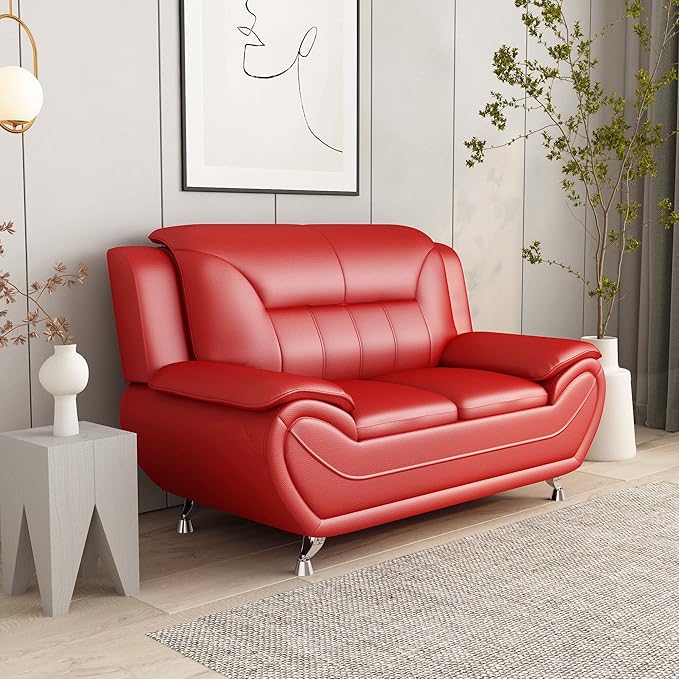 Container Furniture Direct Michael Modern Faux Leather Upholstered Stainless Steel Legs Living Room Loveseat, Red