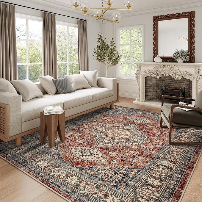 Lahome Oriental Washable Rugs 8x10, Non-Slip Soft 8x10 Rugs for Living Room Bedroom, Stain Resistant Ultra-Thin Vintage Accent Carpet for Dining Room Office, Brick Red