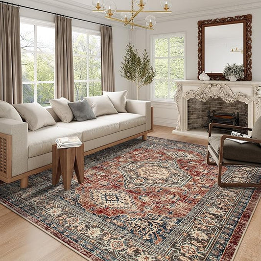 Lahome Oriental Washable Rugs 8x10, Non-Slip Soft 8x10 Rugs for Living Room Bedroom, Stain Resistant Ultra-Thin Vintage Accent Carpet for Dining Room Office, Brick Red