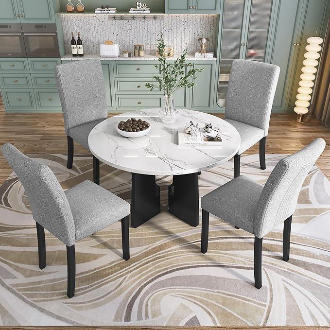 Merax 5-Piece Round Dining Table Set, Modern 4 Upholstered Chairs for Living,Kitchen Room, 43 Inch, White+Gray