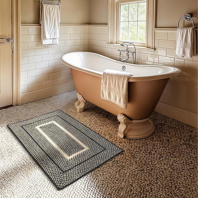 Manchester Jute Braided Rugs 20x30 - Primitive Style Black and Tan Rug to Use in Country Kitchen, Entryways and Bathrooms