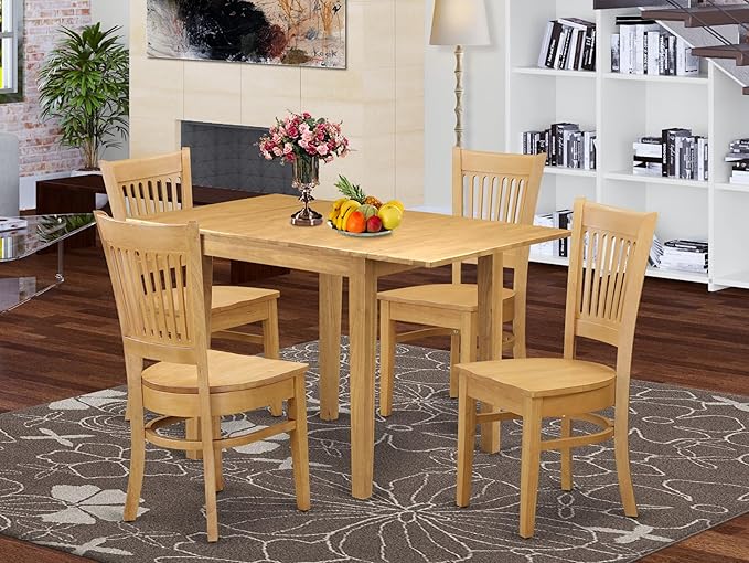 East West Furniture NDVA5-OAK-W 5 Piece Dining Room Furniture Set Includes a Rectangle Dining Table with Dropleaf and 4 Wood Seat Chairs, 30x48 Inch, Oak