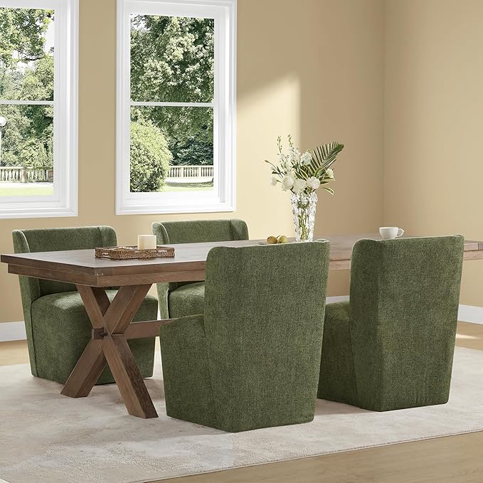 Upholstered Dining Chair with Casters Wingback Modern Side Armless Deskchair with Rollers for Diningroom Bedroom Livingroom Reading Room,Green,1 Box