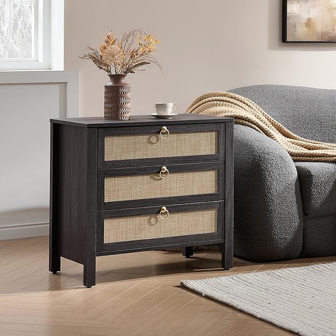 SICOTAS Nightstand Set 2 with Drawers - Large Rattan Bedside Table with Golden Handle, 3 Drawers Night Stand 26.78" Wide Side Table Boho Nightstand for Bedroom
